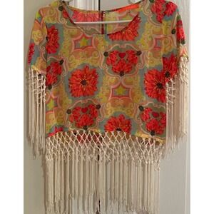 Lulumari Womens Floral Macrame Fringe Crop Top Sheer Boho Festival TA19322 Small